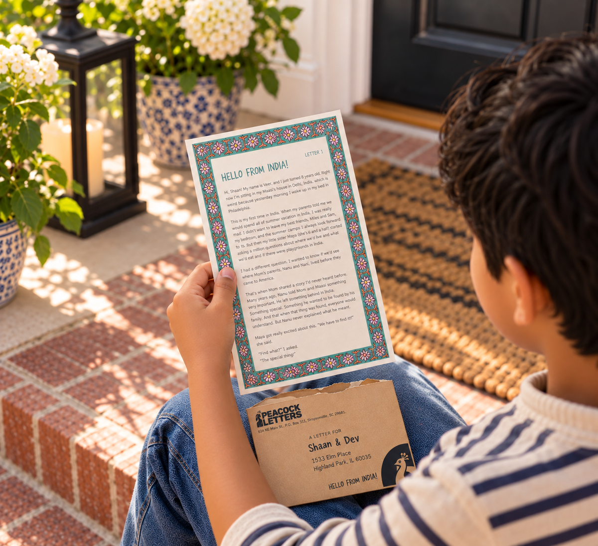 Child reading a letter from Veer and Maya