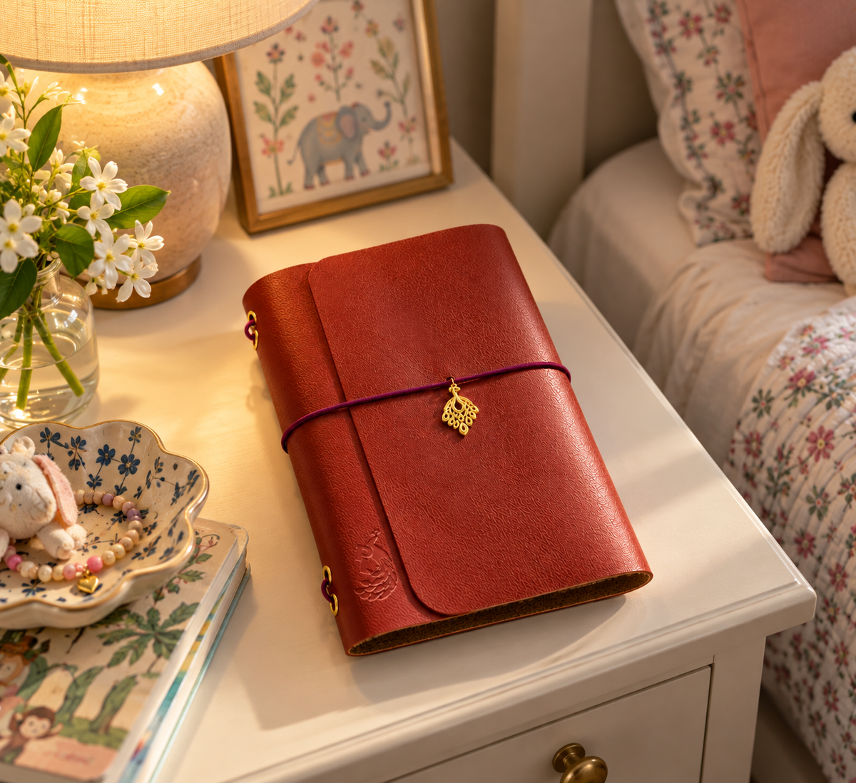 Leather letter holder for Peacock Letters on a bedside table