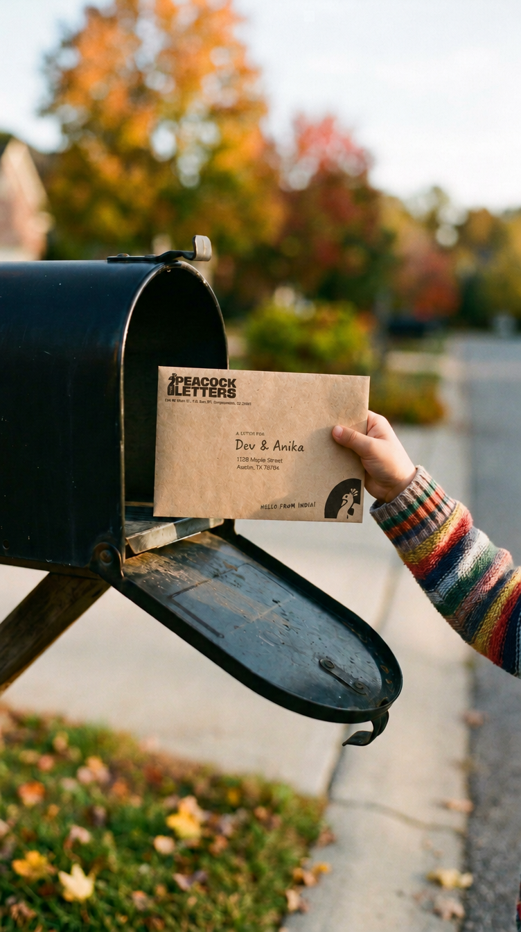 Child pulling a Peacock Letters envelope from the mailbox