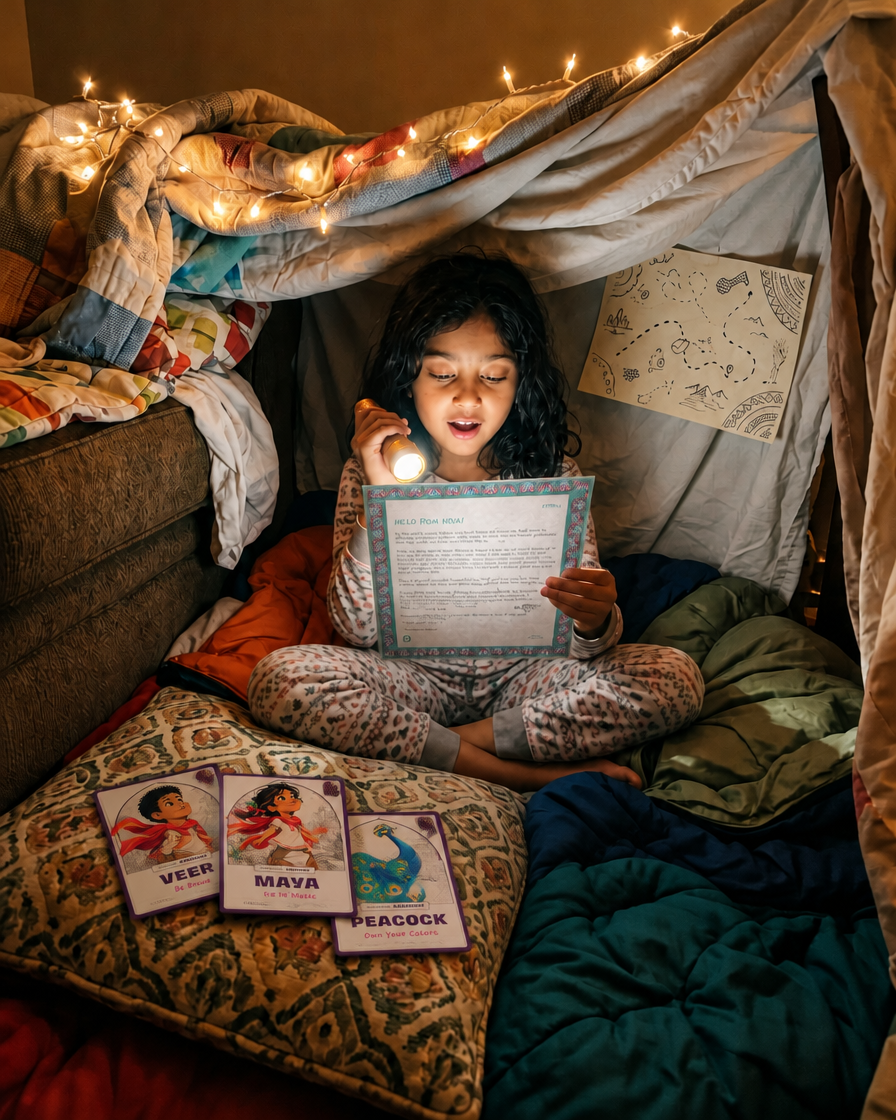Child reading a letter from Veer and Maya by flashlight in a blanket fort, with Veer, Maya and peacock trading cards beside her