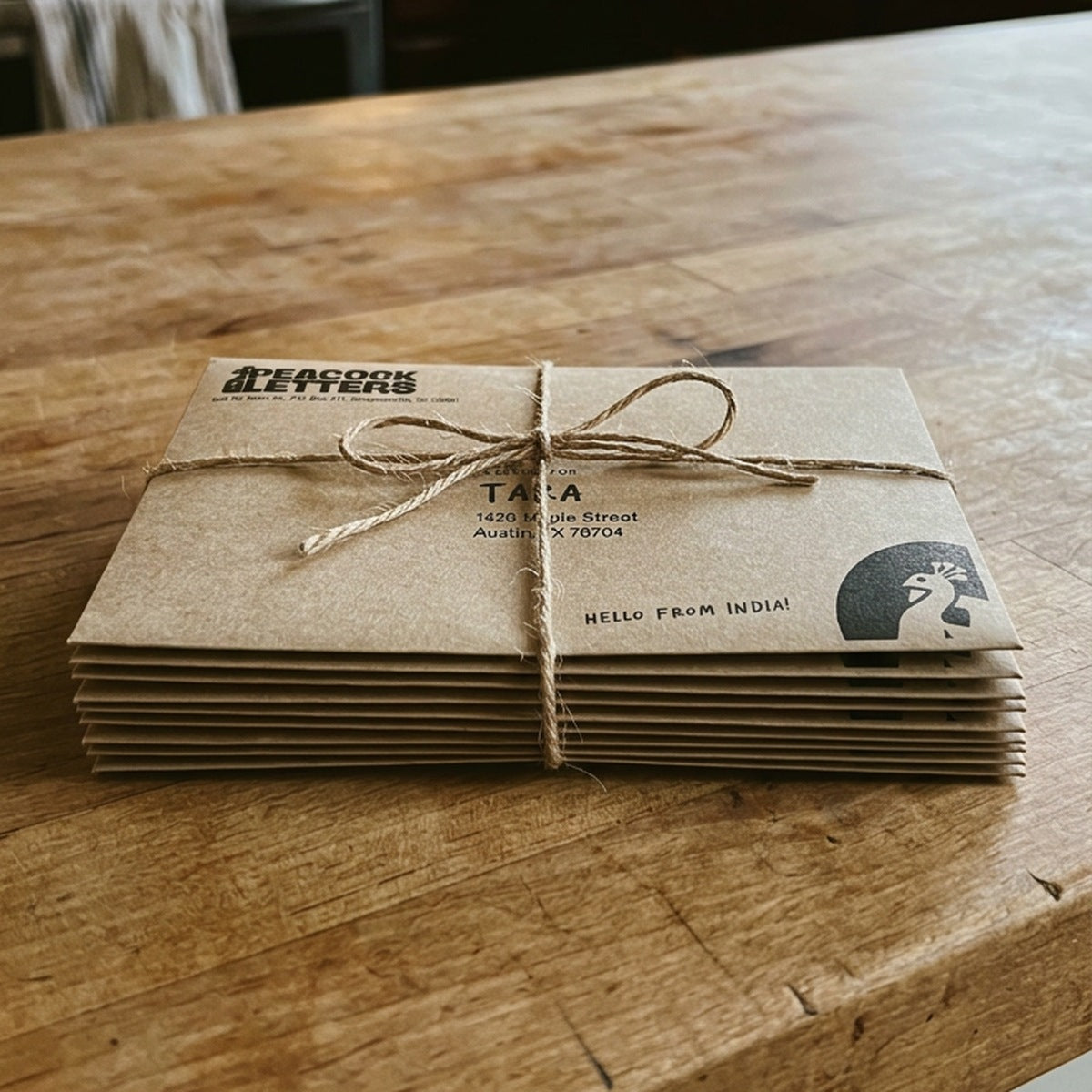 A year of Peacock Letters envelopes stacked together